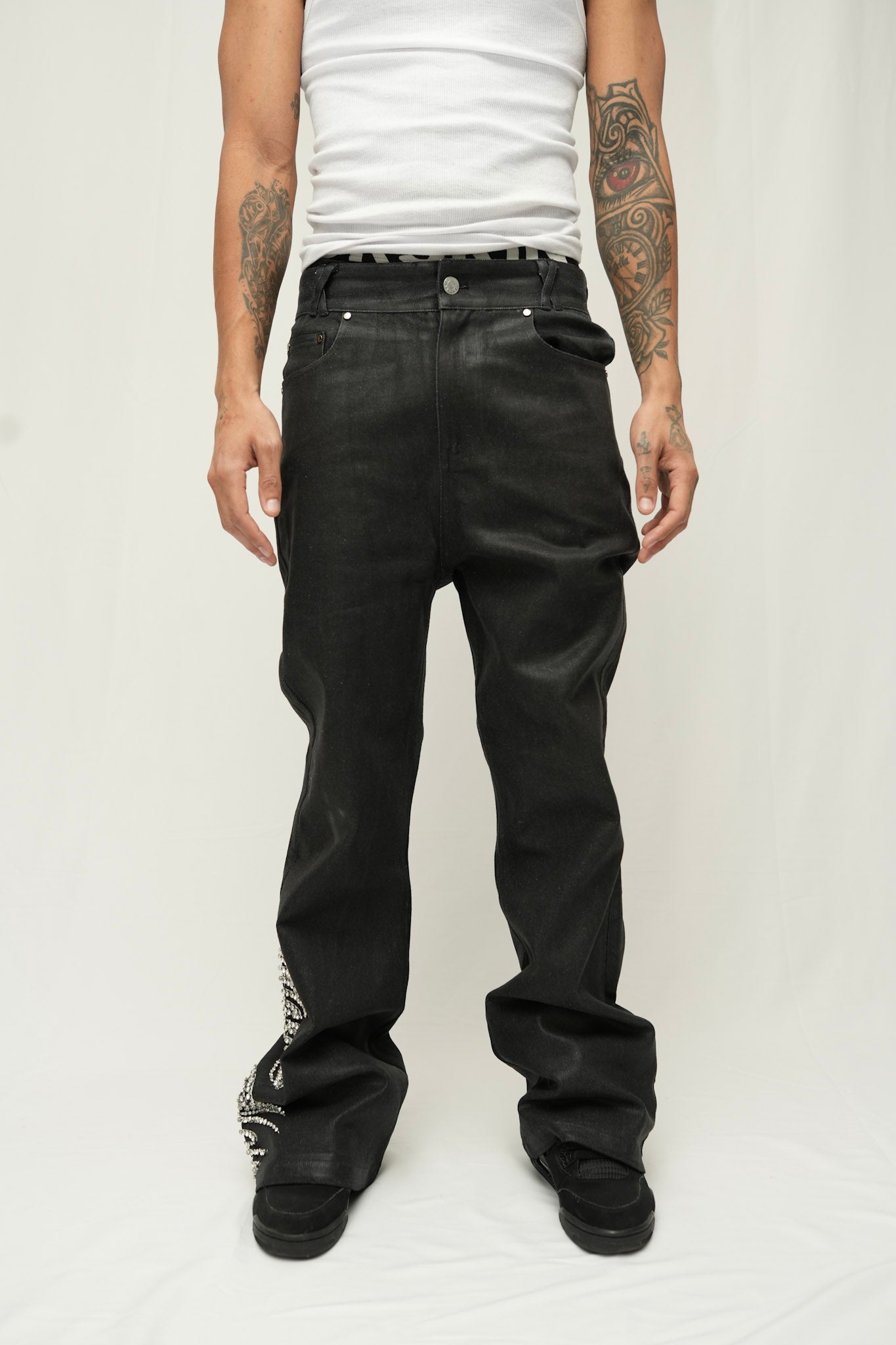 Black Wax Denim with Hand-Set White Gems