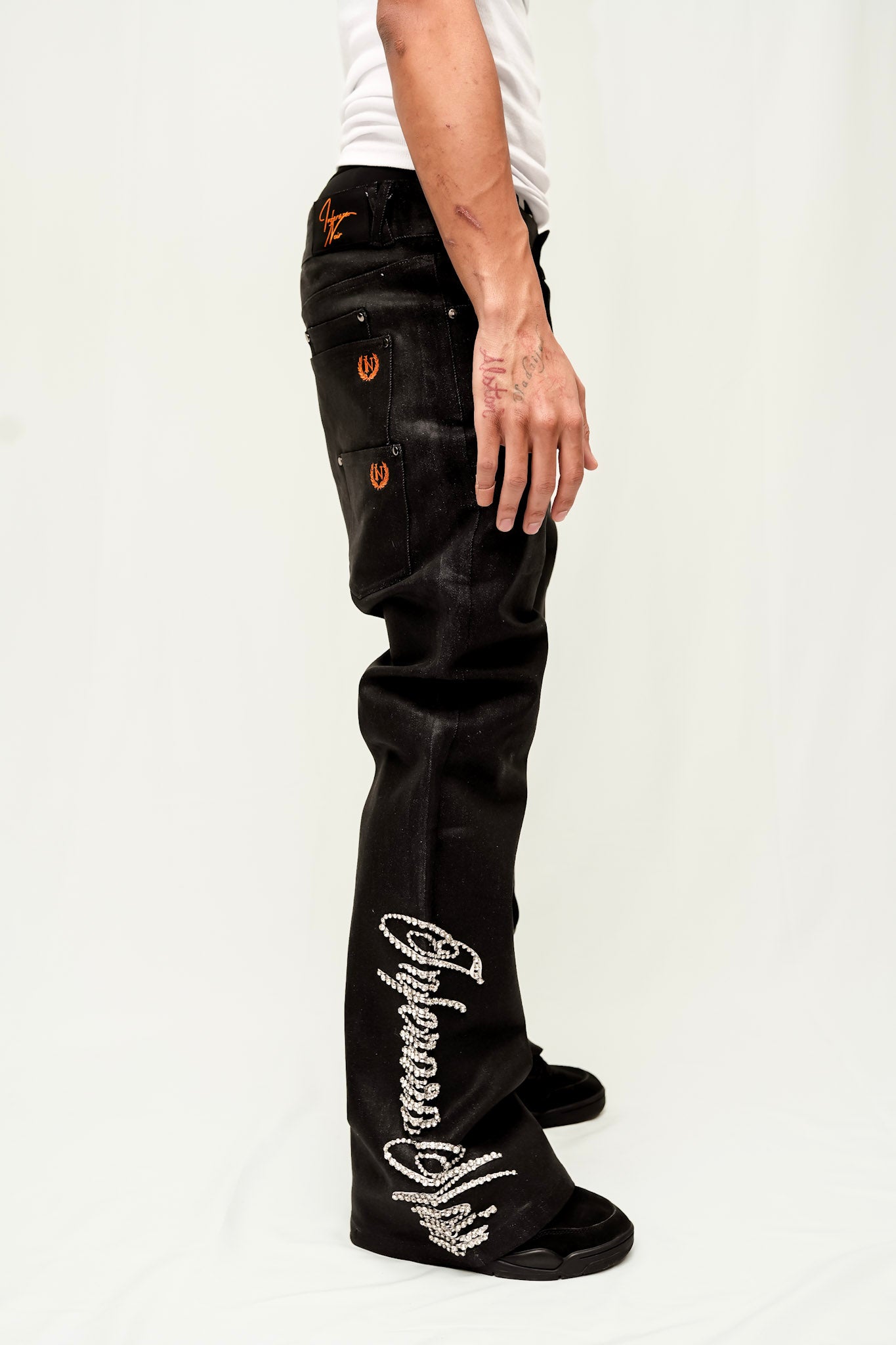 Black Wax Denim with Hand-Set White Gems