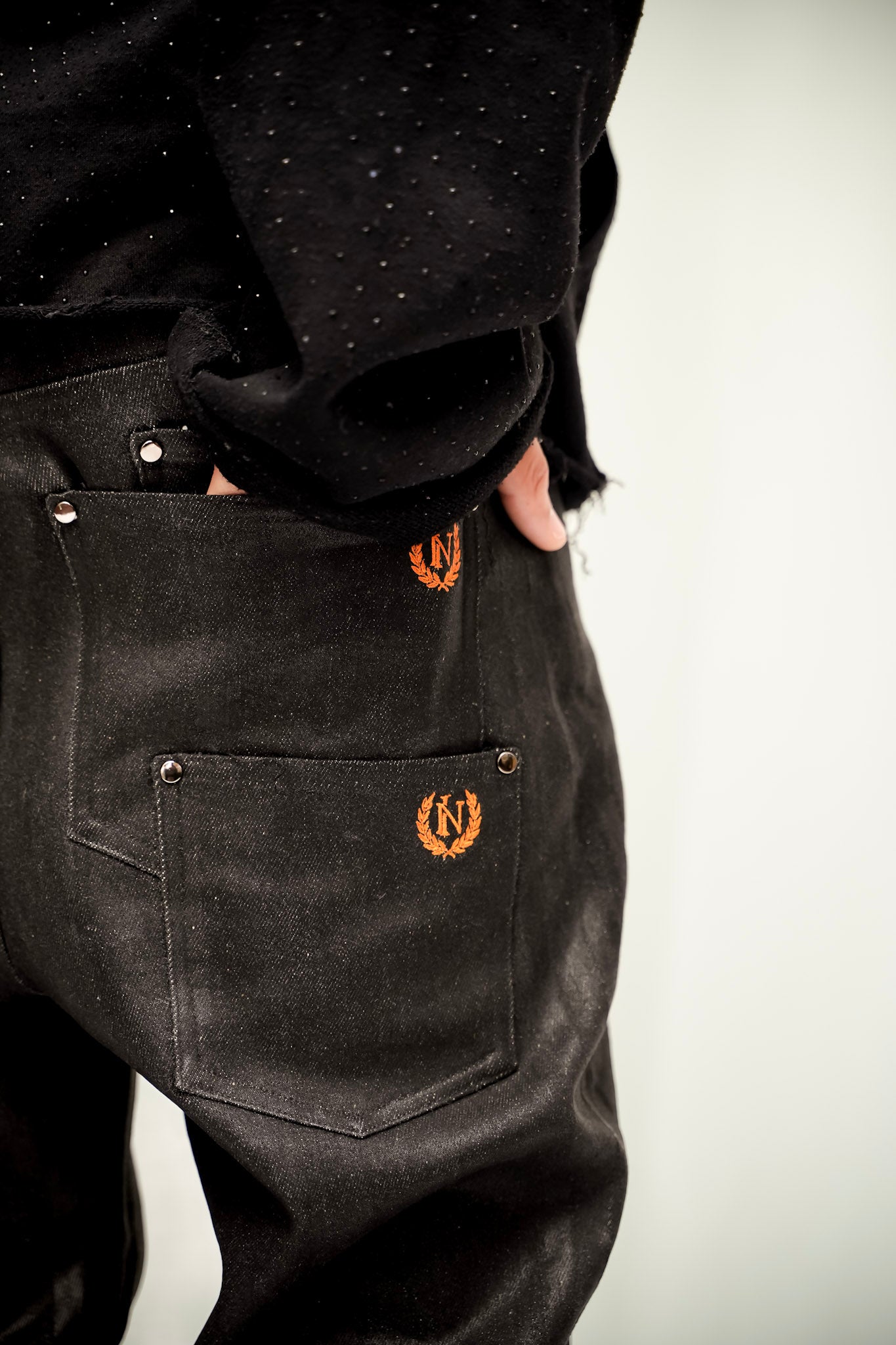 Black Wax Denim with Hand-Set White Gems