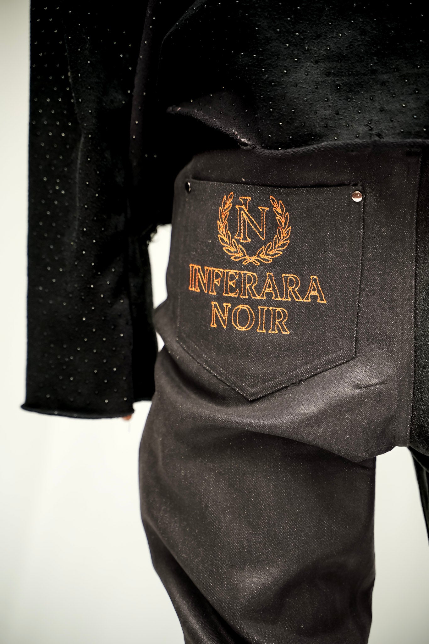 Black Wax Denim with Hand-Set White Gems